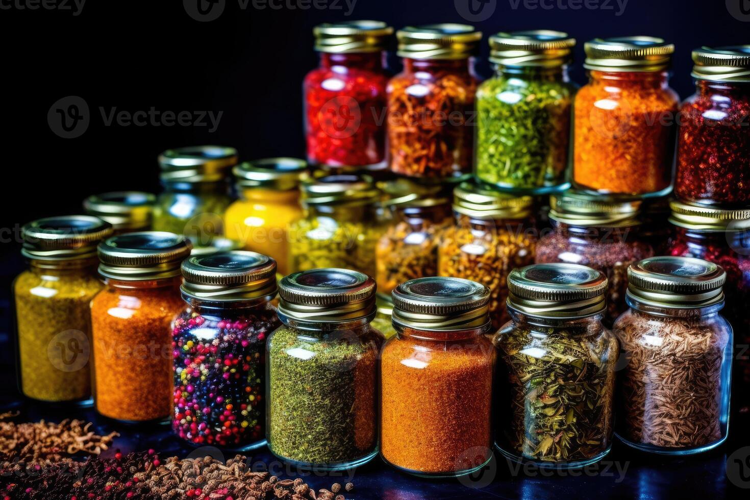 Aromatic Delights - A Close-Up of Assorted Spices in Glass Jars on a Black Background - photo