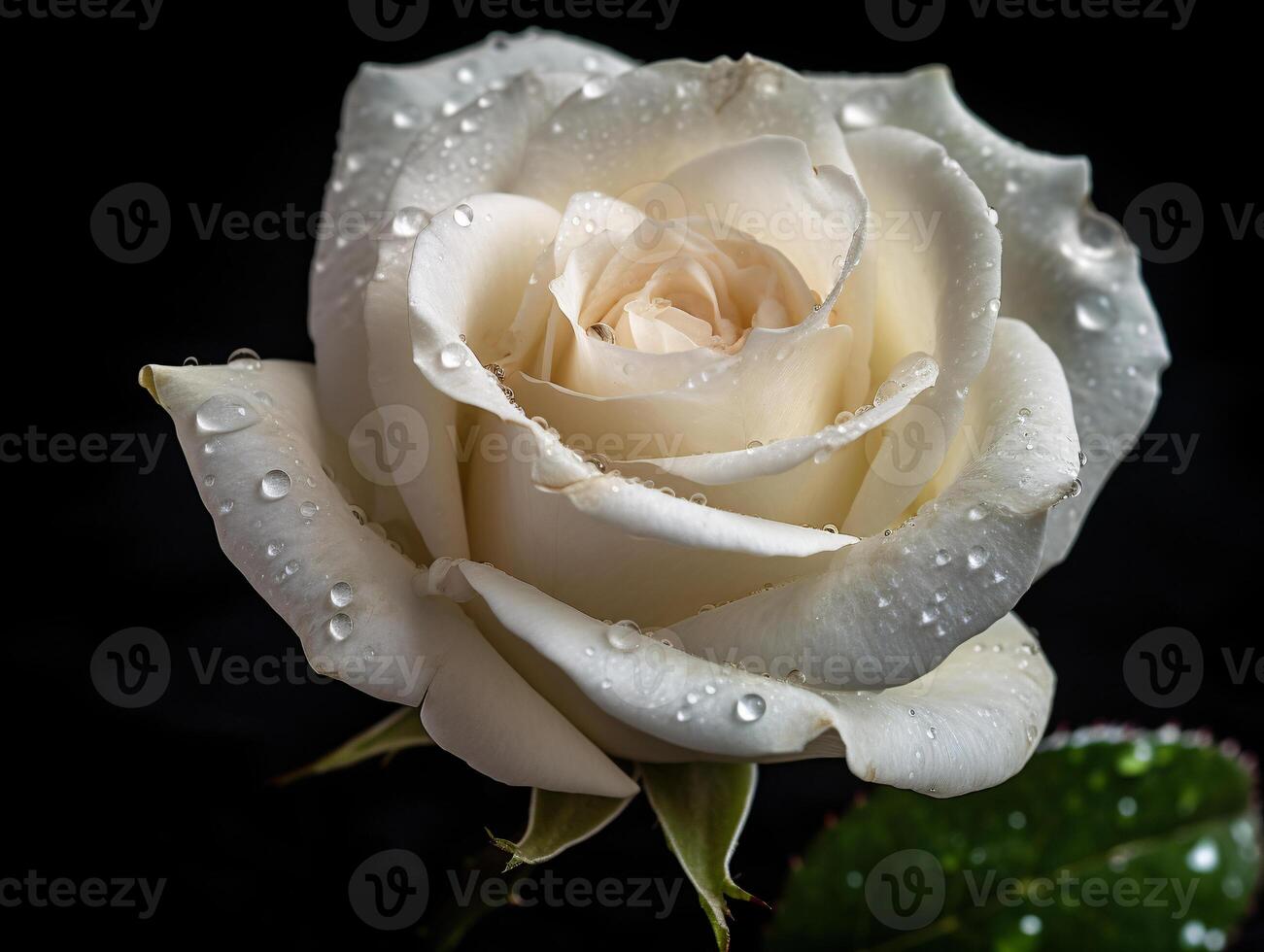 Contrasting Colors - A White Rose with Green Leaves on a Black Background - photo