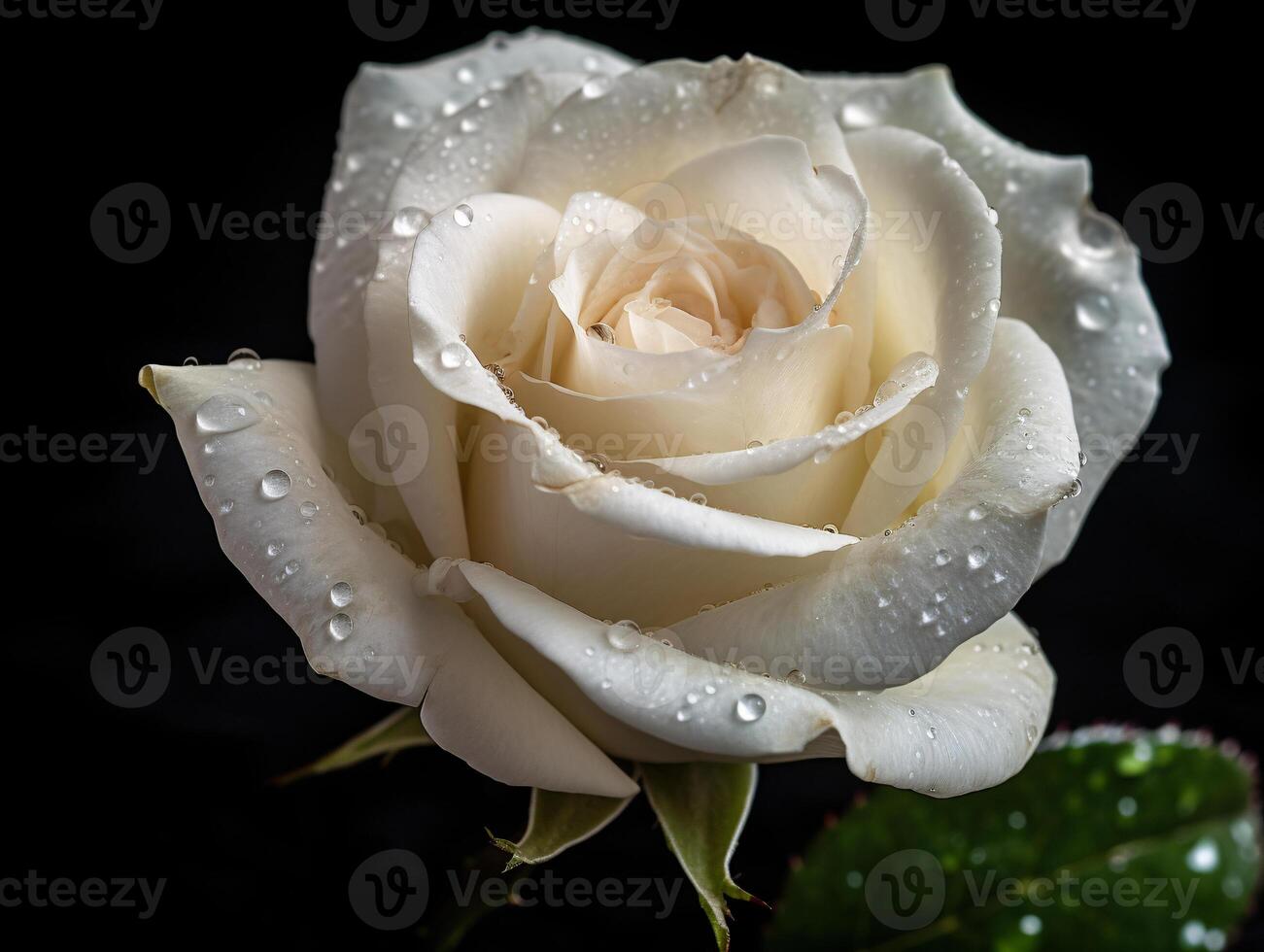 Contrasting Colors - A White Rose with Green Leaves on a Black Background - AI generated photo