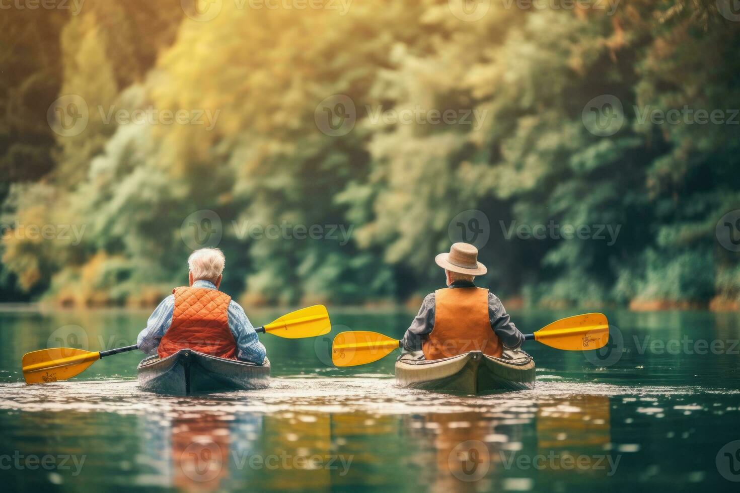 sereno kayak para personas mayores en lozano naturaleza con cinematográfico calor y suave atención - ai generado foto