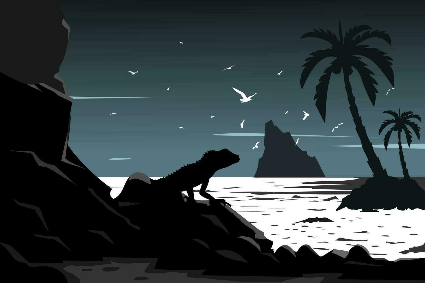 A black and white image of a lizard on a beach with a palm tree in the background vector