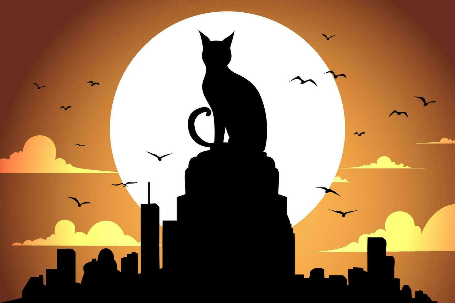 A cat sits on a cityscape with a moon behind it vector