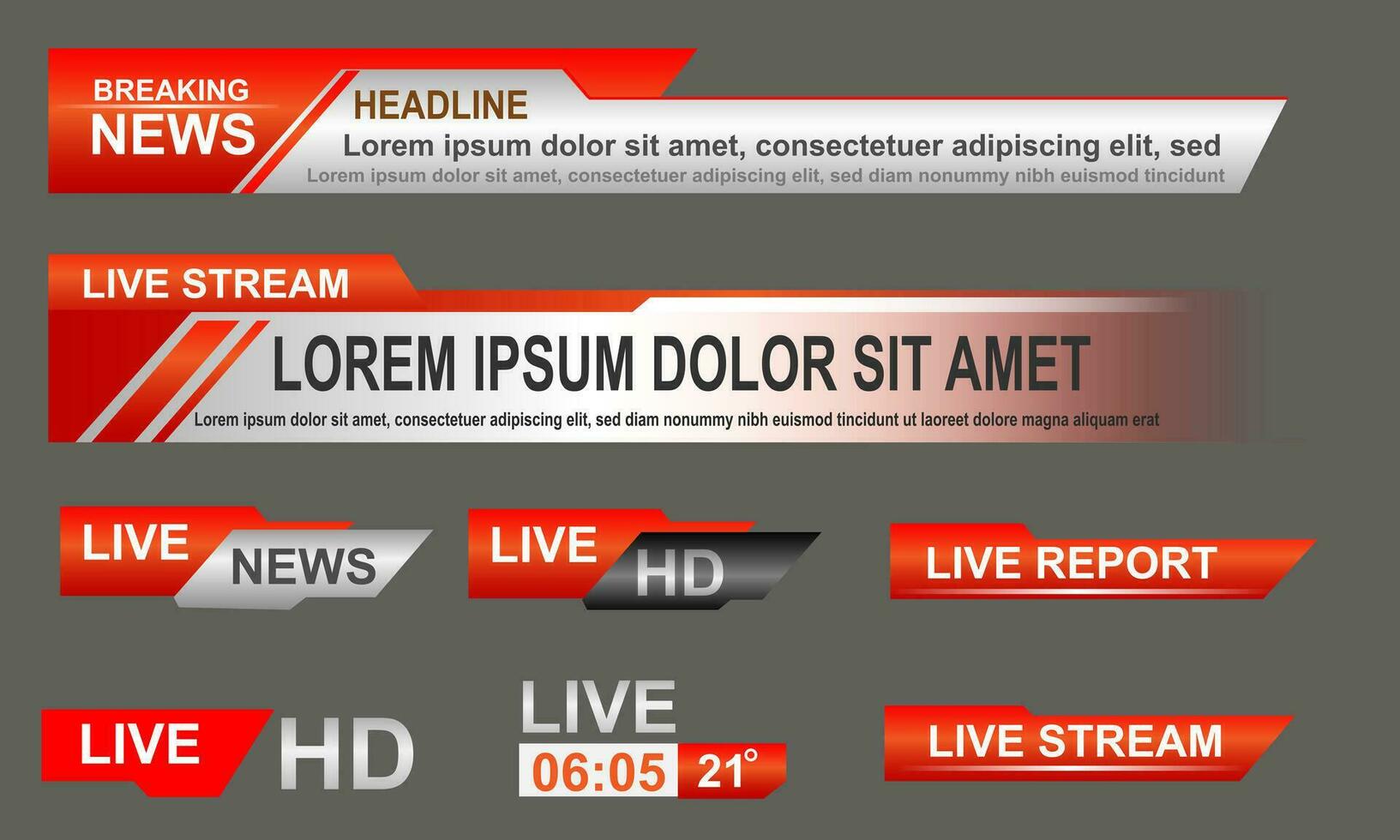 transmitir Noticias inferior tercios modelo diseño rojo gris conjunto colección diseño bandera para bar titular Noticias título, deporte juego en televisión, vídeo y medios de comunicación canal vector