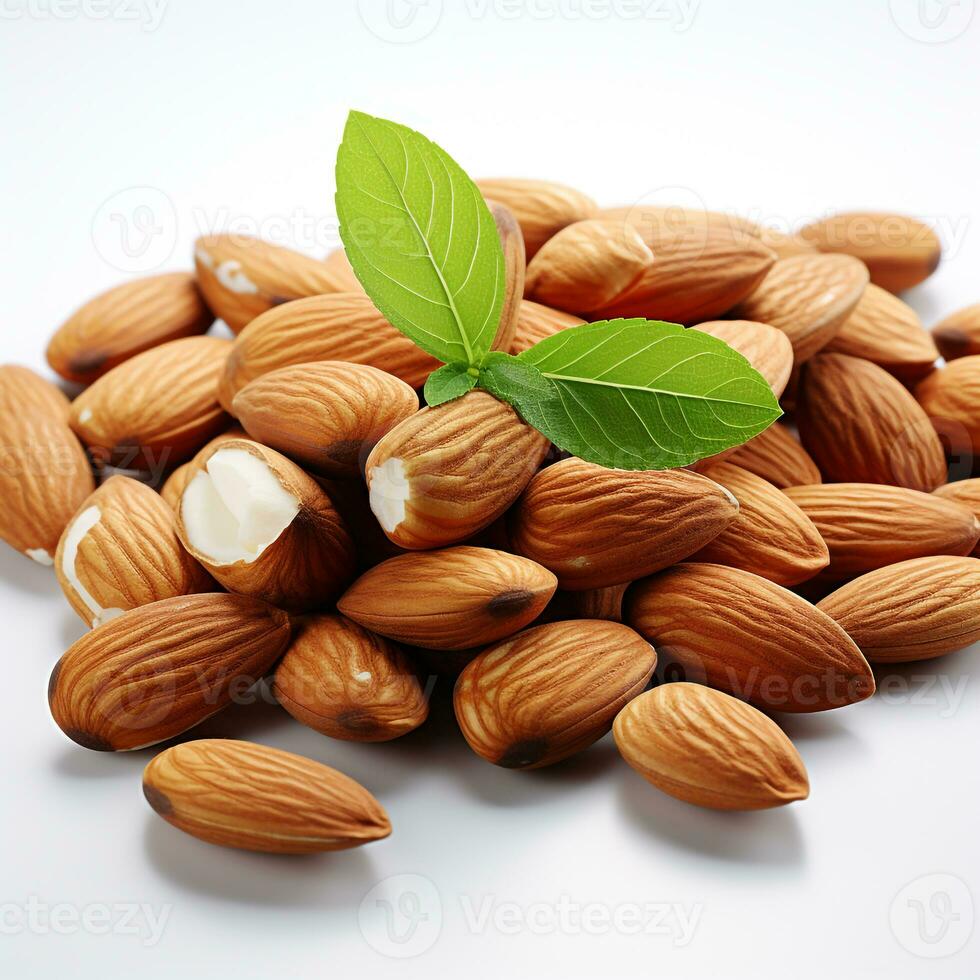 Sweet brown almonds on a white background photo