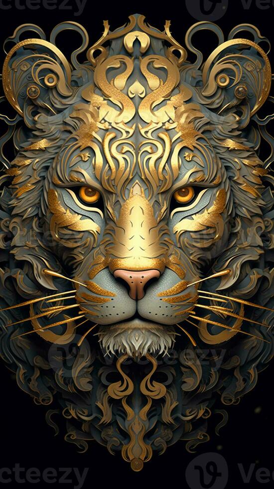 Fractal Tiger Art in Glorious Gold Wall Art - AI Generative photo