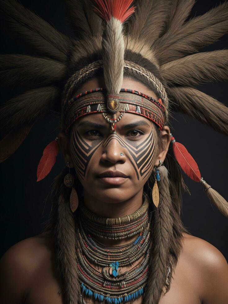 Tribal Member wearing a traditional headdress made of feathers with red and white accents, a beaded necklace, and earrings - Ai Generative photo