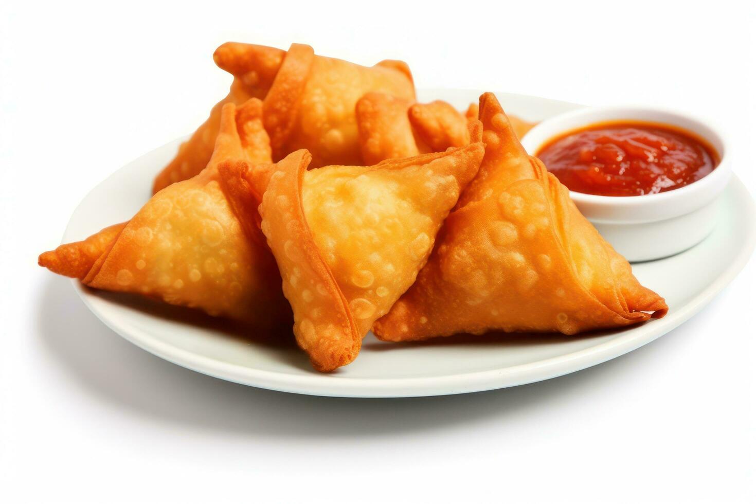 samosa and pakora on a plate with dipping sauce isolated on white background AI Generated photo