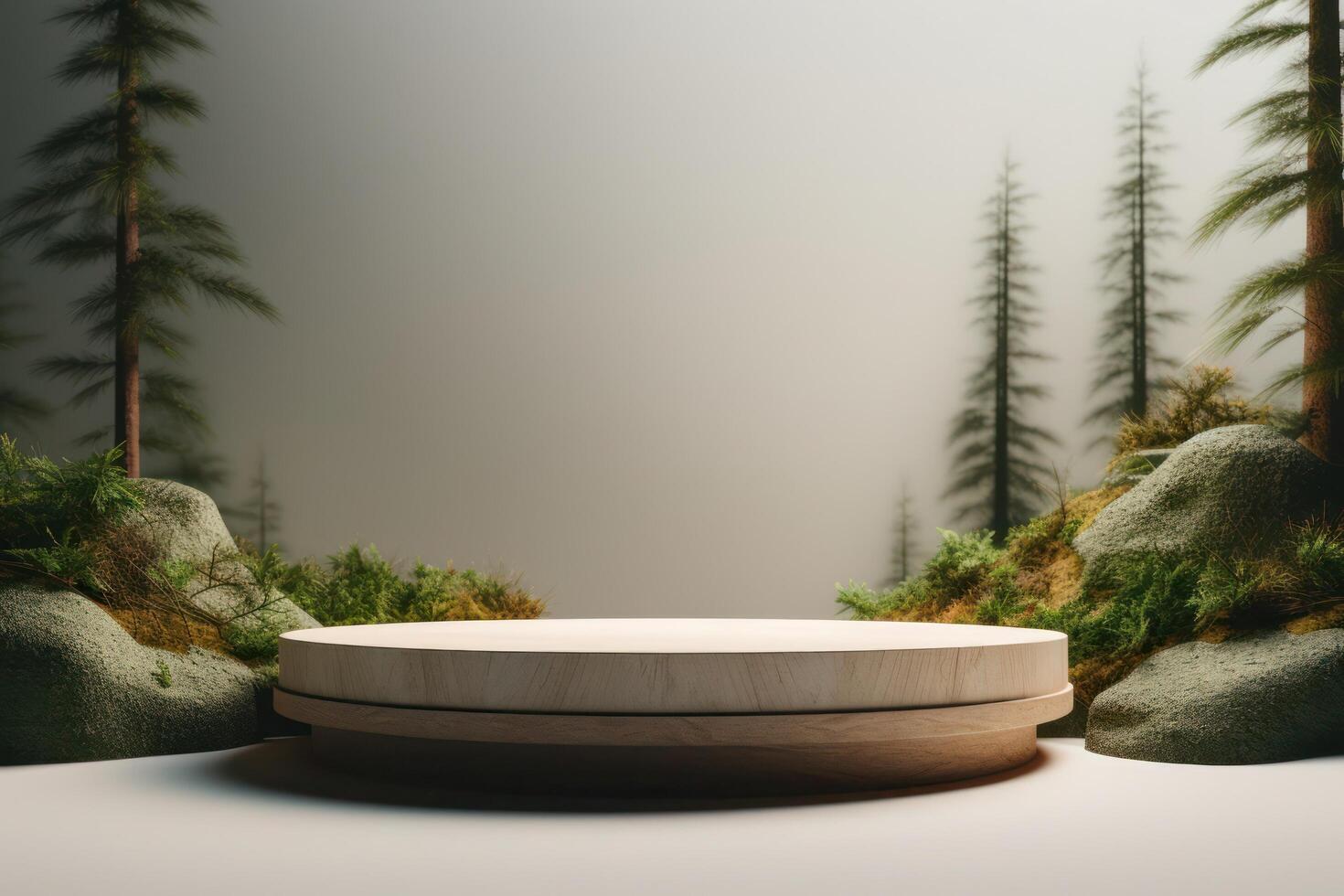 wooden podium platform in the middle of a forest photo