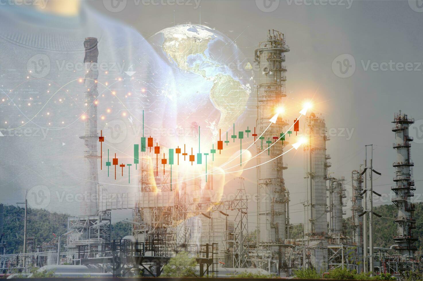 Oil refinery or petrochemical plant concept. The trend continues to demand output, market price, demand, supply, business idea, industry, fuel, electric power. photo