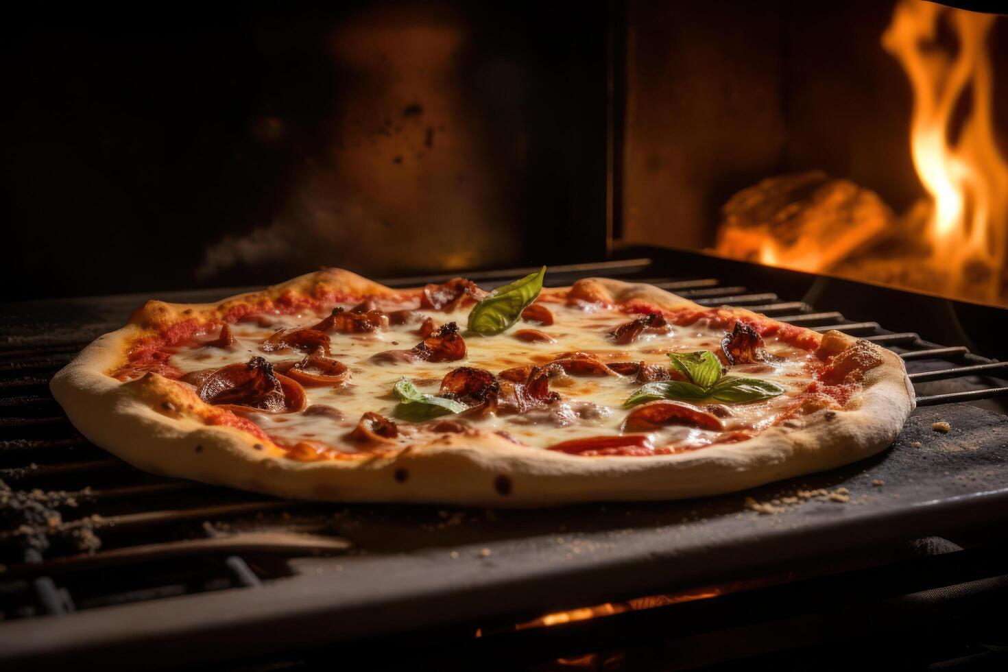 a pizza is being cooked in an oven photo