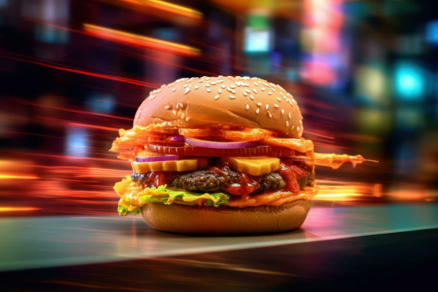 hamburguesa es sentado en un mesa en frente de un borroso antecedentes ai generativo foto