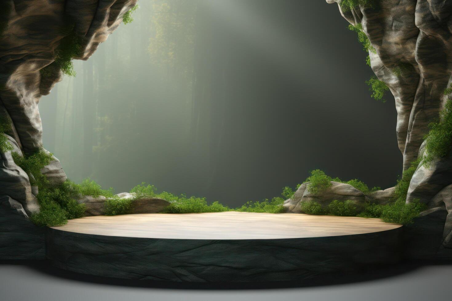 a stage podium in a cave with moss in the background photo