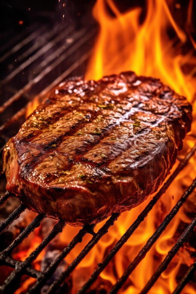 a beef steak is being cooked on a grill with fire flames photo