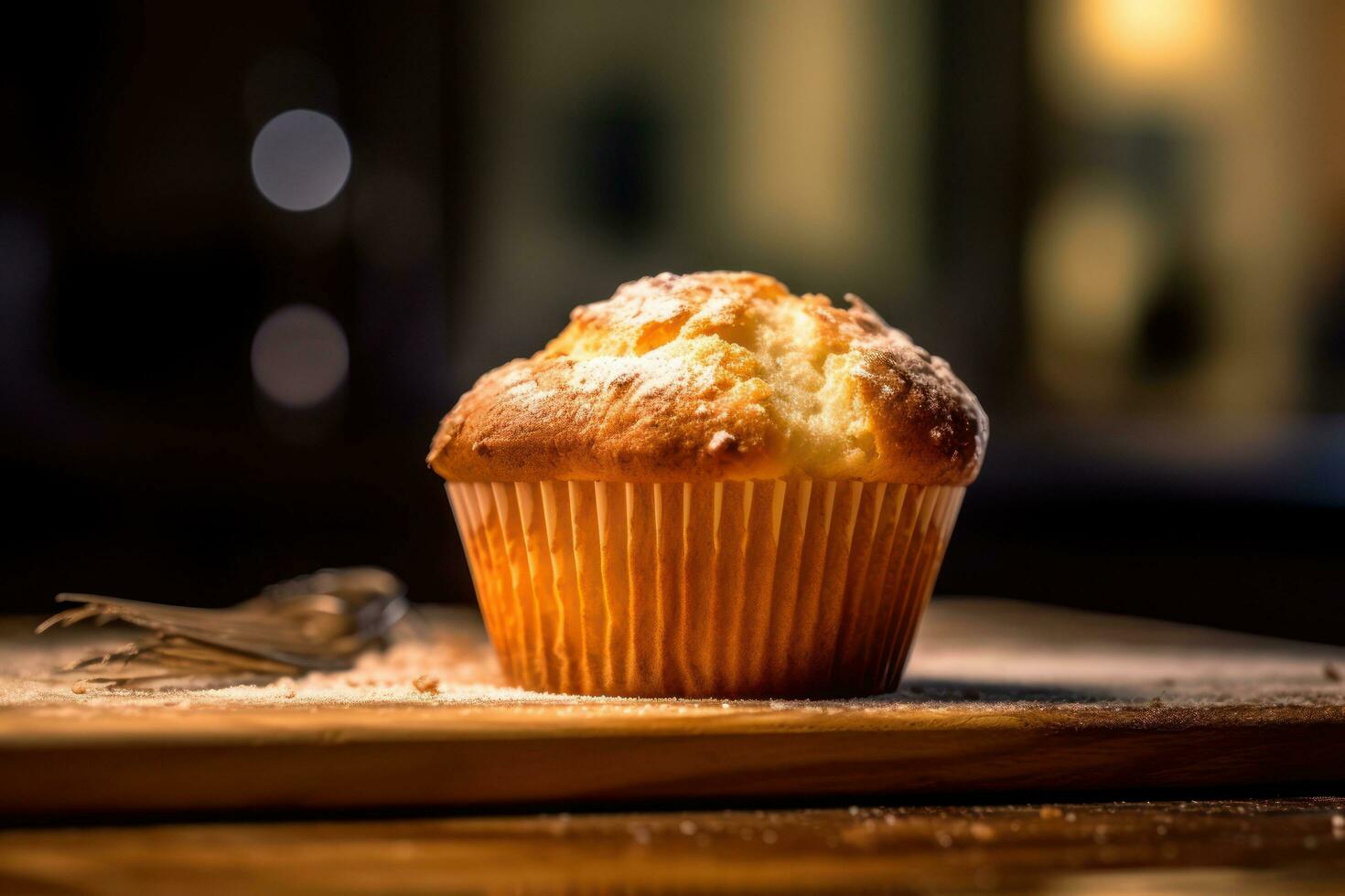 muffin sits on top of a wooden cutting board AI Generative photo