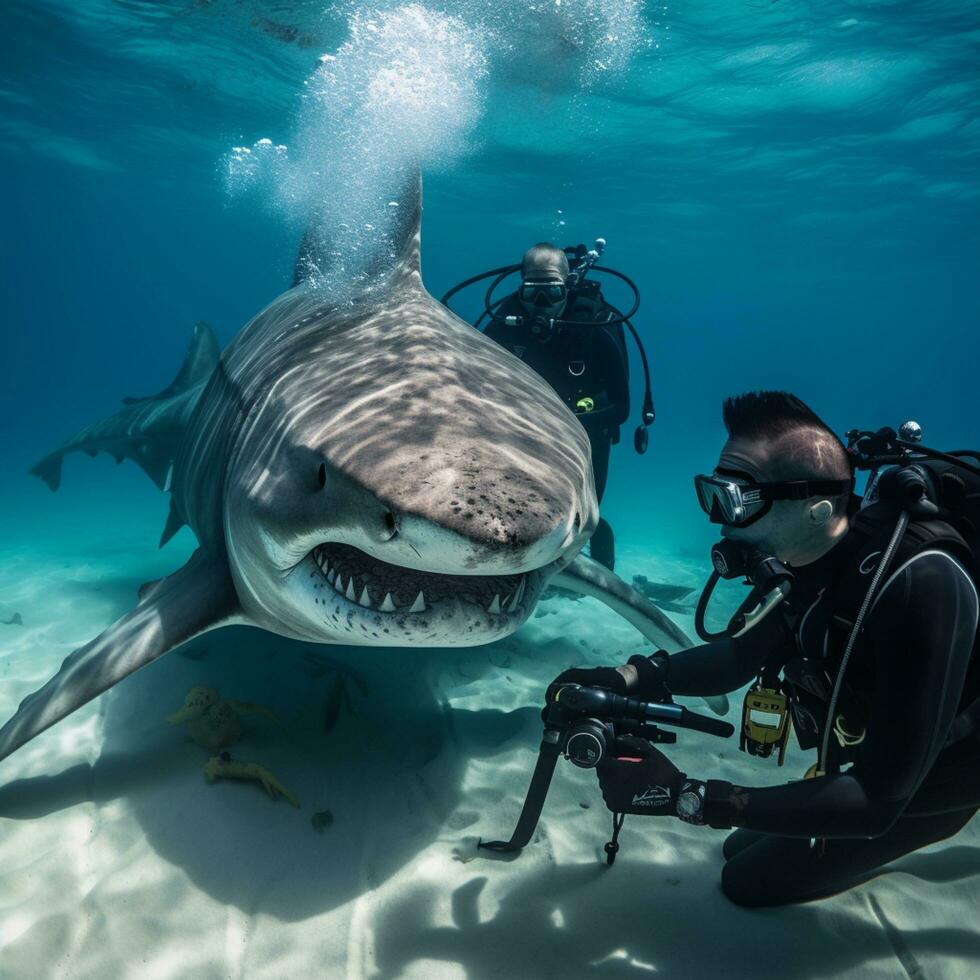 sea diver with shark in the ocean photo