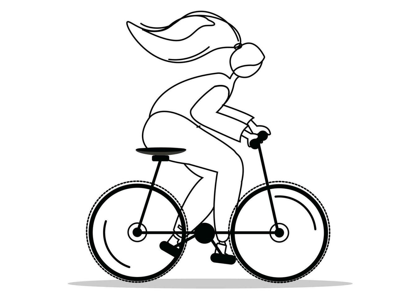 Young modern woman riding bicycle stroke vector. Happy cyclist on bike in nature. Vector illustration isolated on white background.