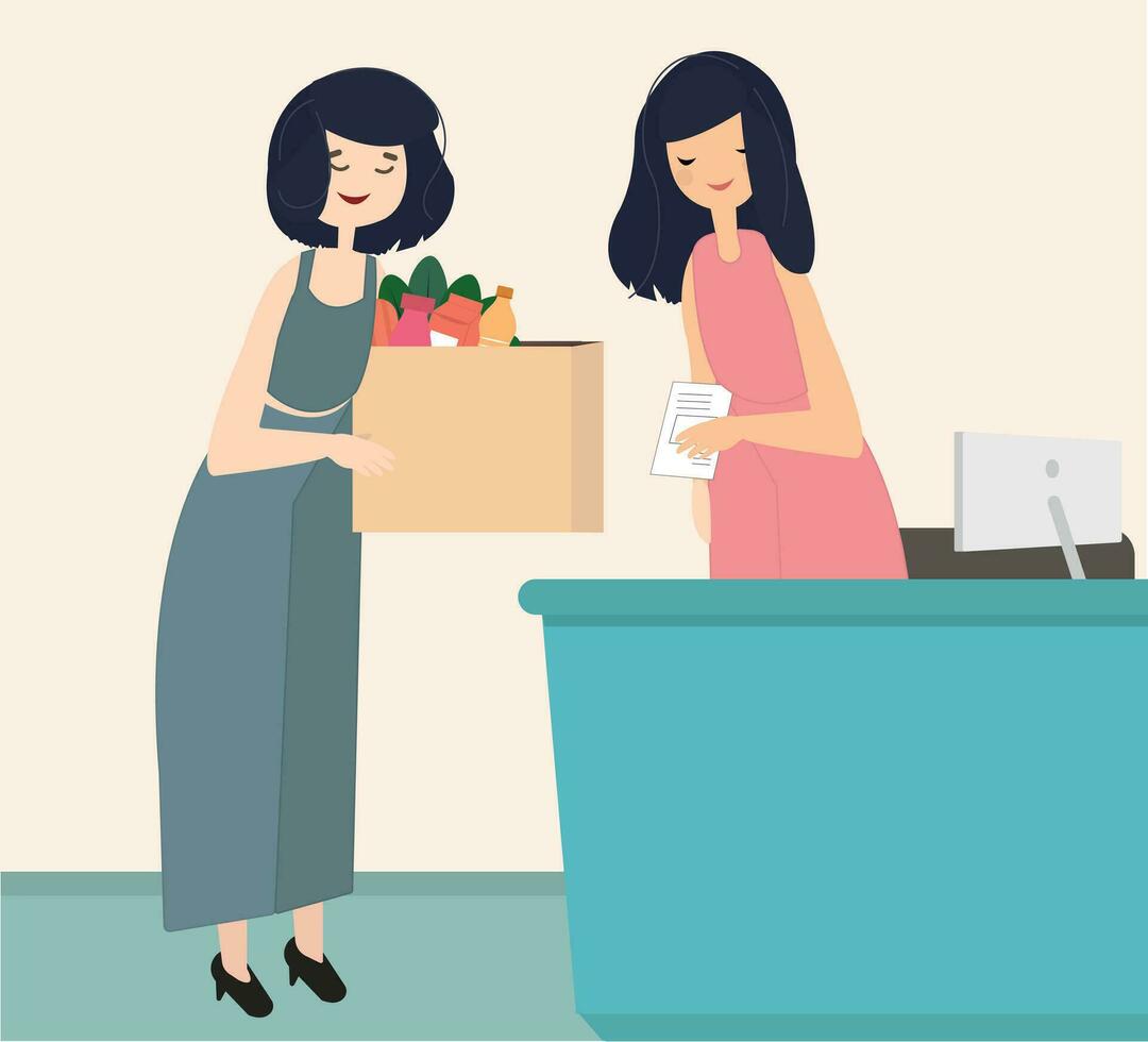 Customers Stand at Grocery or Supermarket Turn with Goods in Shopping box. Purchases, Sale Consumerism Flat Vector Illustration.