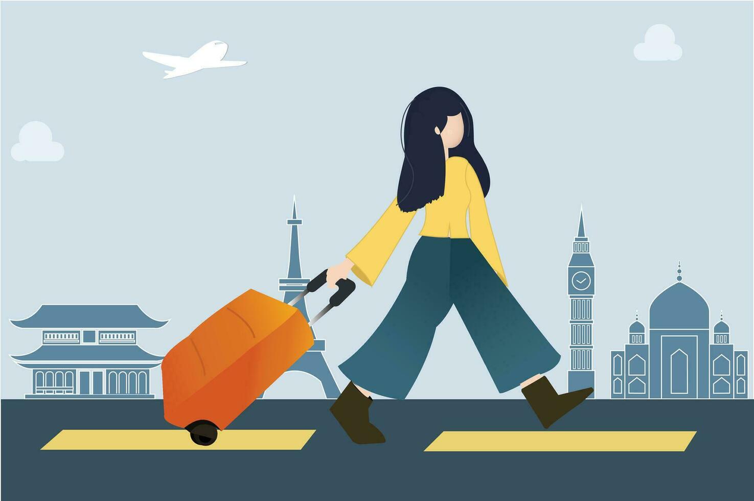 Young Women is walking on the road with suitcase. Travelling world for a vacation. Women travelling illustration vector. vector