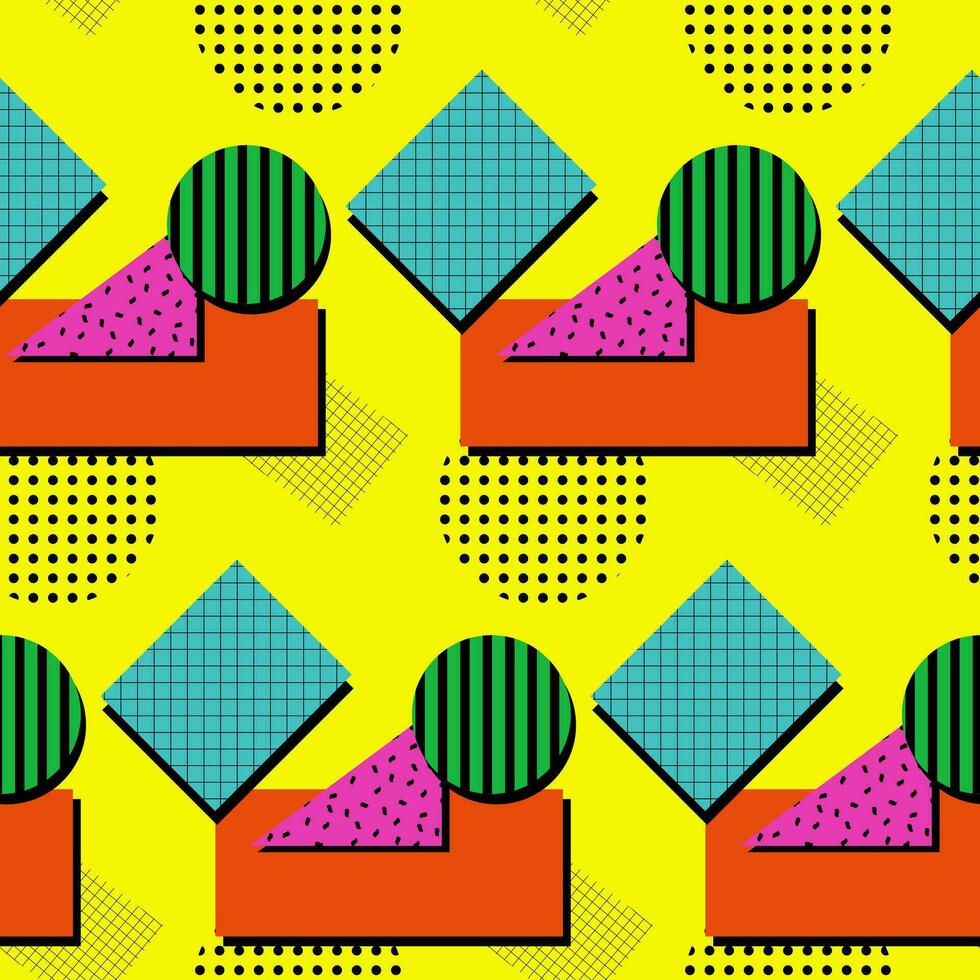 Abstract flat shapes pattern in memphis style. Geometrical shapes in vibrant colors with texture on bright yellow color. Retro geometric design. Perfect for decoration, textile, wrapping, decor vector