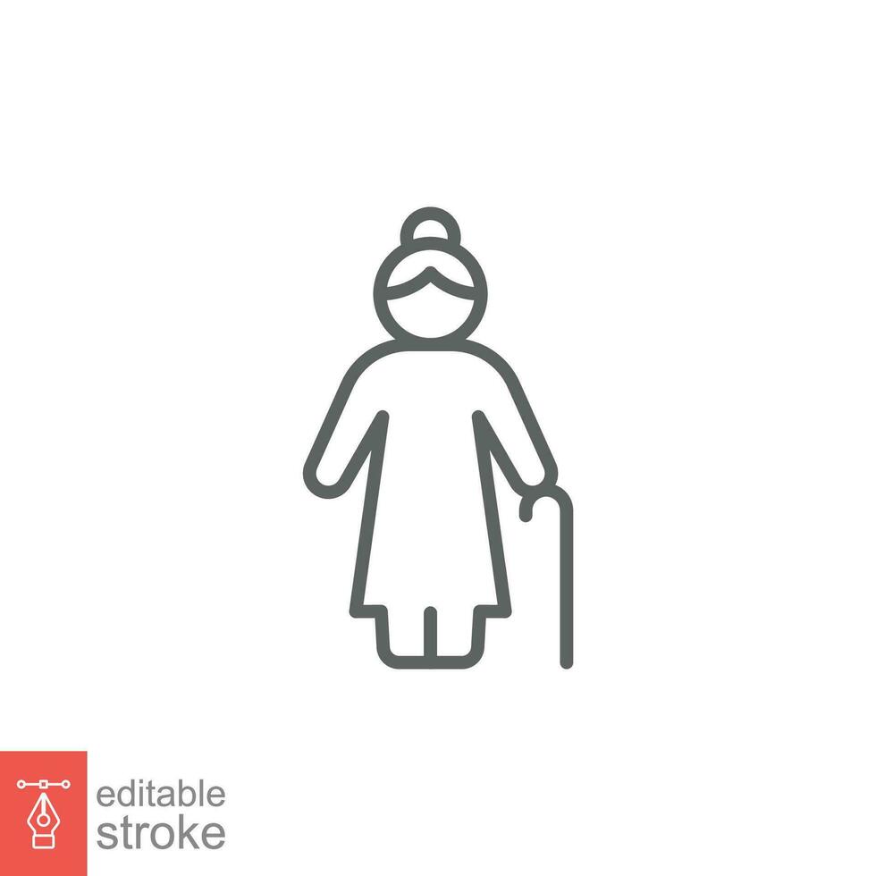 Old woman icon. Simple outline style. Person with cane, stick, elder, lady, granny, senior people concept. Thin line symbol. Vector illustration isolated on white background. Editable stroke EPS 10.