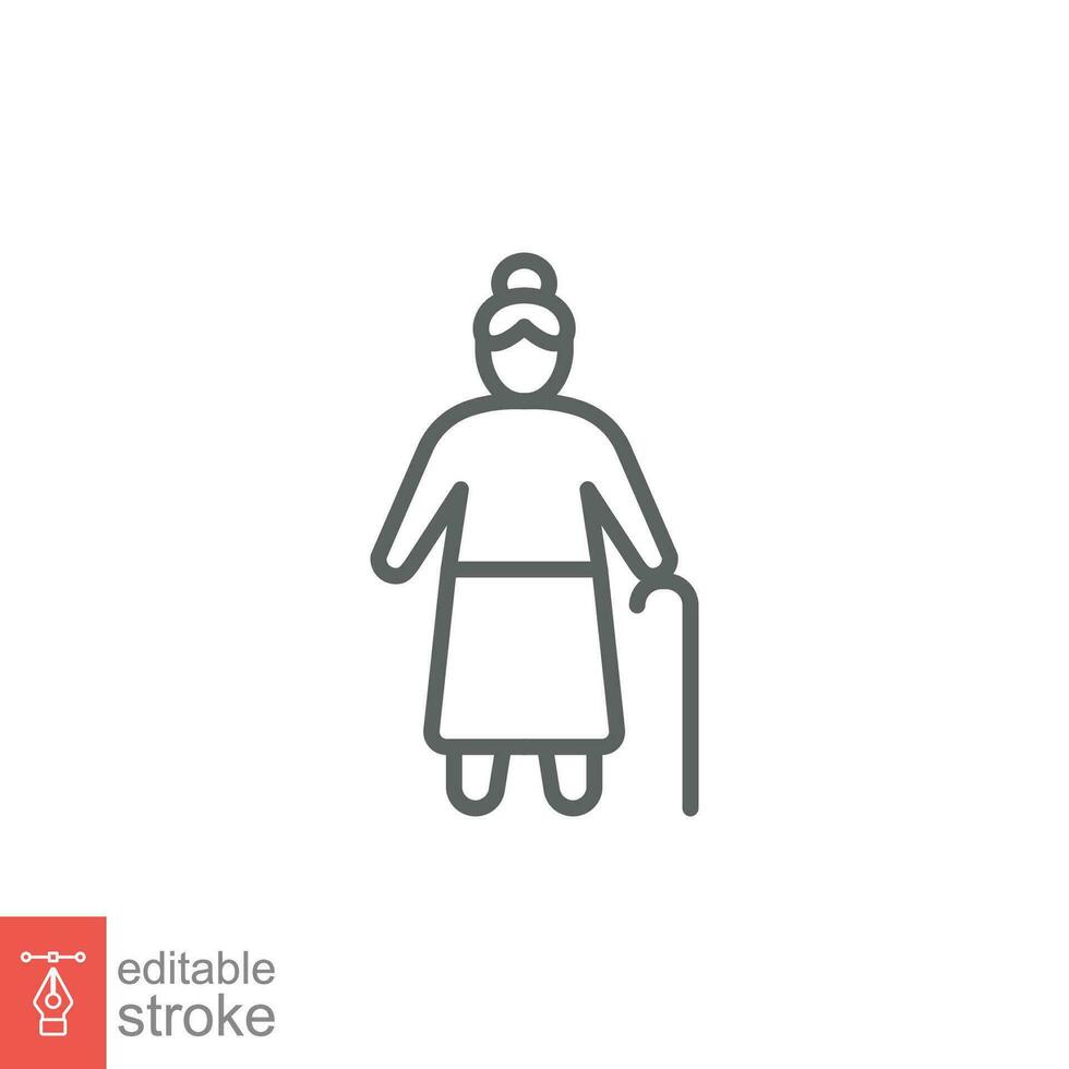 Old woman icon. Simple outline style. Person with cane, stick, elder, lady, granny, senior people concept. Thin line symbol. Vector illustration isolated on white background. Editable stroke EPS 10.