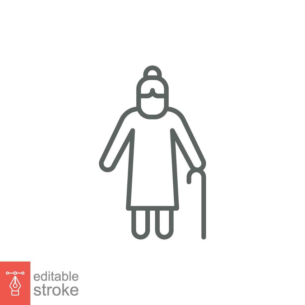 Old woman icon. Simple outline style. Person with cane, stick, elder, lady, granny, senior people concept. Thin line symbol. Vector illustration isolated on white background. Editable stroke EPS 10.