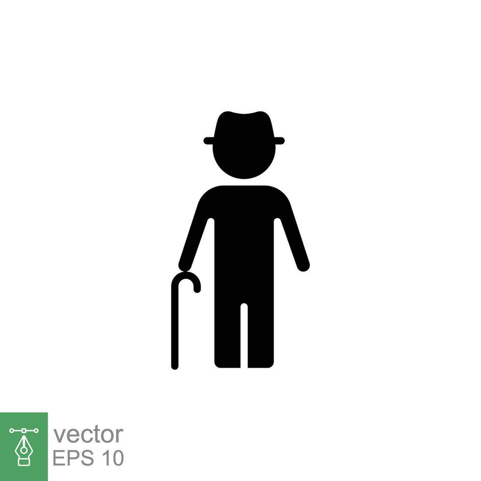 Old man icon. Simple solid style. Person with cane, stick, elder age, grandfather, senior people concept. Black silhouette, glyph symbol. Vector illustration isolated on white background. EPS 10.