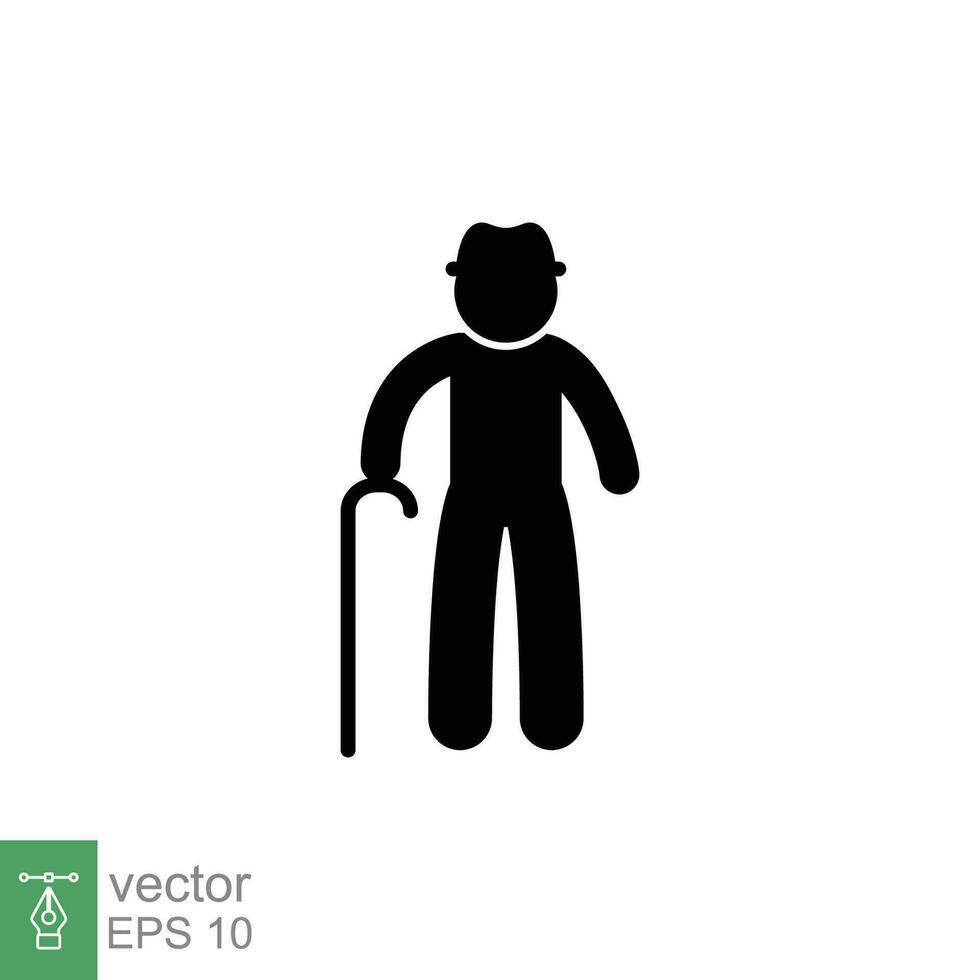 Old man icon. Simple solid style. Person with cane, stick, elder age, grandfather, senior people concept. Black silhouette, glyph symbol. Vector illustration isolated on white background. EPS 10.