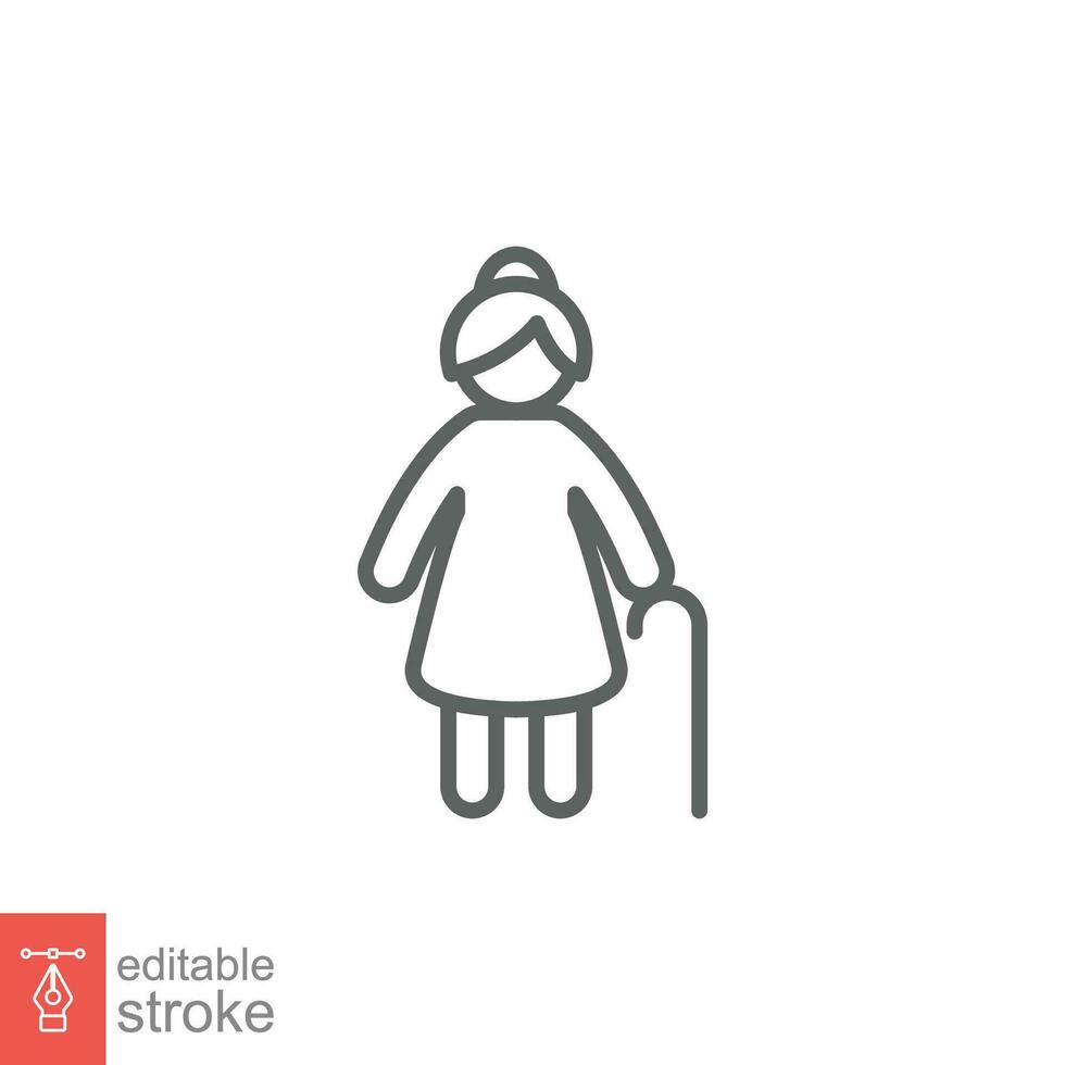 Old woman icon. Simple outline style. Person with cane, stick, elder, lady, granny, senior people concept. Thin line symbol. Vector illustration isolated on white background. Editable stroke EPS 10.
