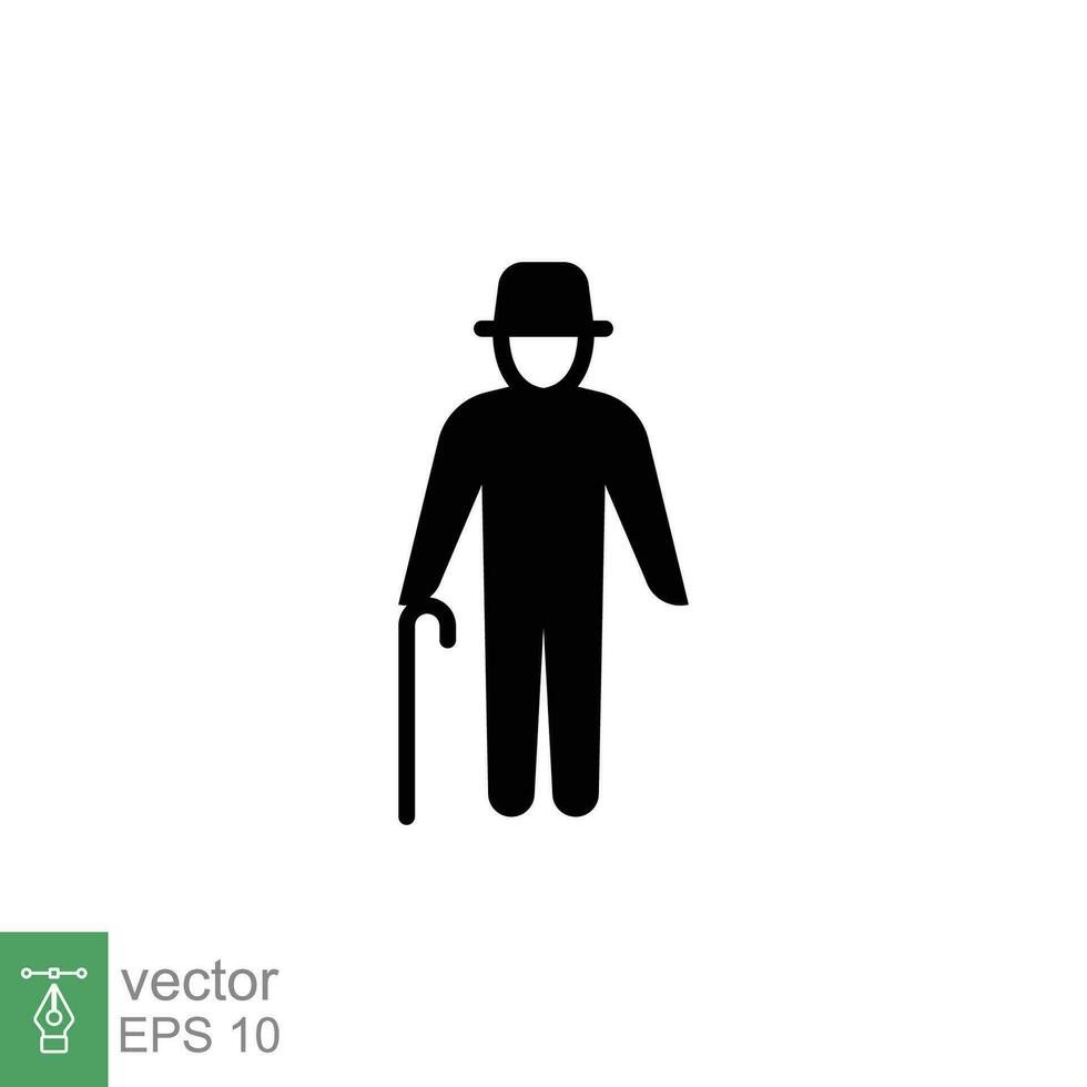 Old man icon. Simple solid style. Person with cane, stick, elder age, grandfather, senior people concept. Black silhouette, glyph symbol. Vector illustration isolated on white background. EPS 10.