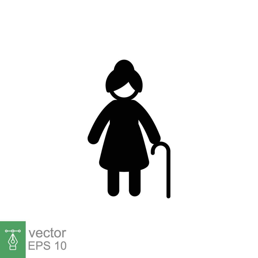 Old woman icon. Simple solid style. Person with cane, stick, elder age, lady, granny, senior people concept. Black silhouette, glyph symbol. Vector illustration isolated on white background. EPS 10.