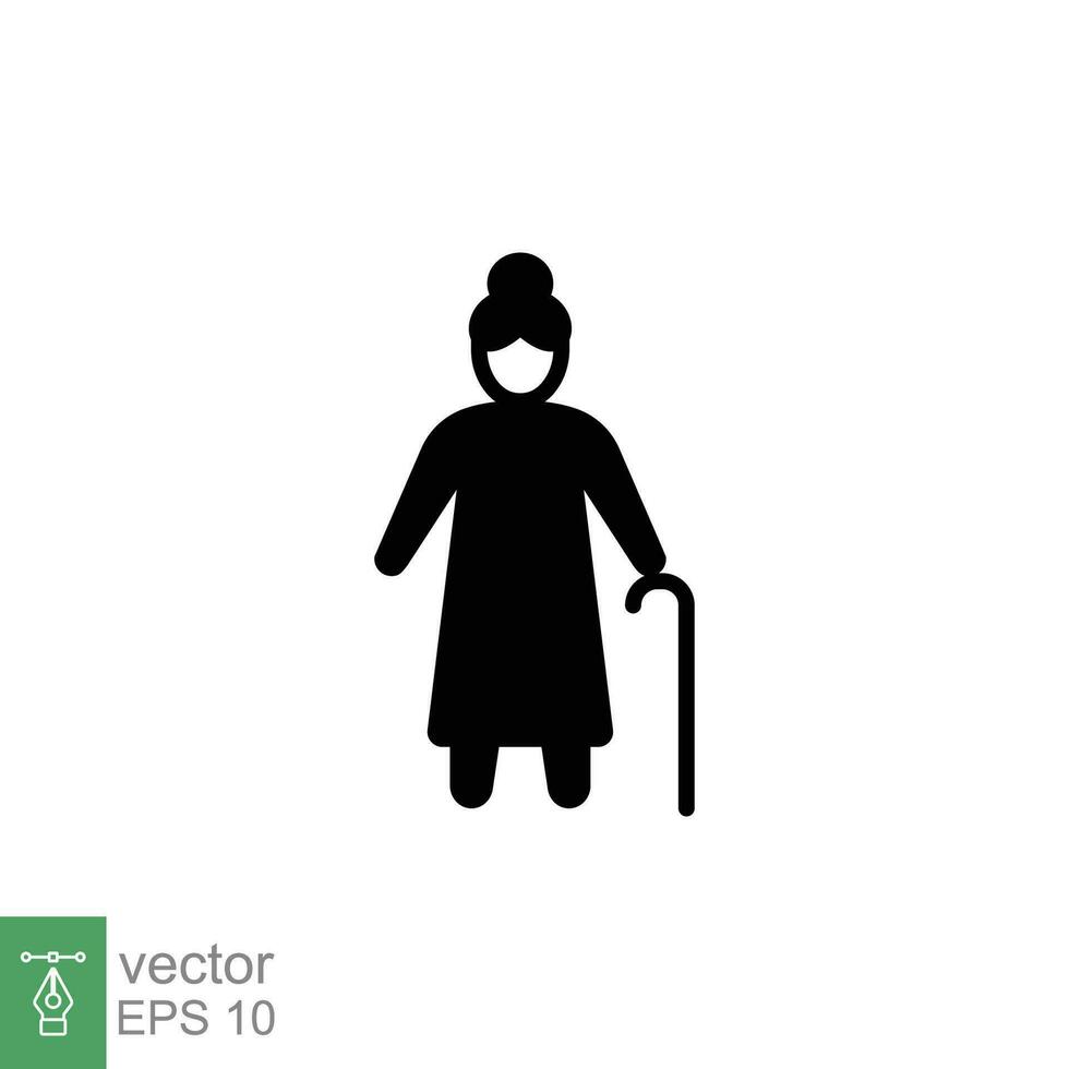 Old woman icon. Simple solid style. Person with cane, stick, elder age, lady, granny, senior people concept. Black silhouette, glyph symbol. Vector illustration isolated on white background. EPS 10.