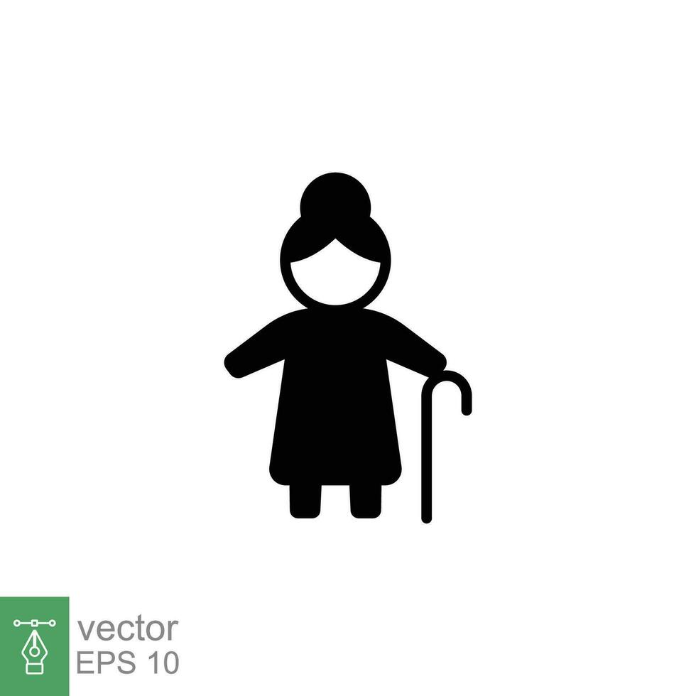 Old woman icon. Simple solid style. Person with cane, stick, elder age, lady, granny, senior people concept. Black silhouette, glyph symbol. Vector illustration isolated on white background. EPS 10.
