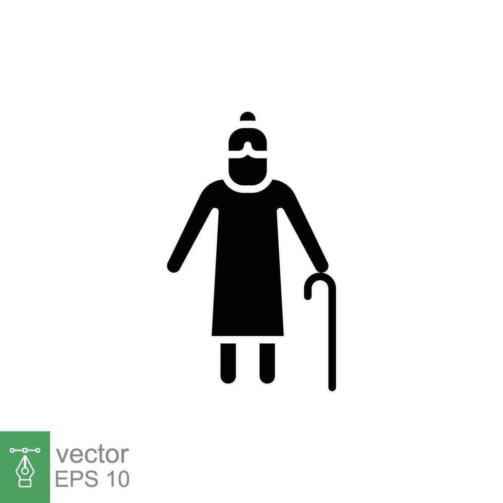 Old woman icon. Simple solid style. Person with cane, stick, elder age, lady, granny, senior people concept. Black silhouette, glyph symbol. Vector illustration isolated on white background. EPS 10.