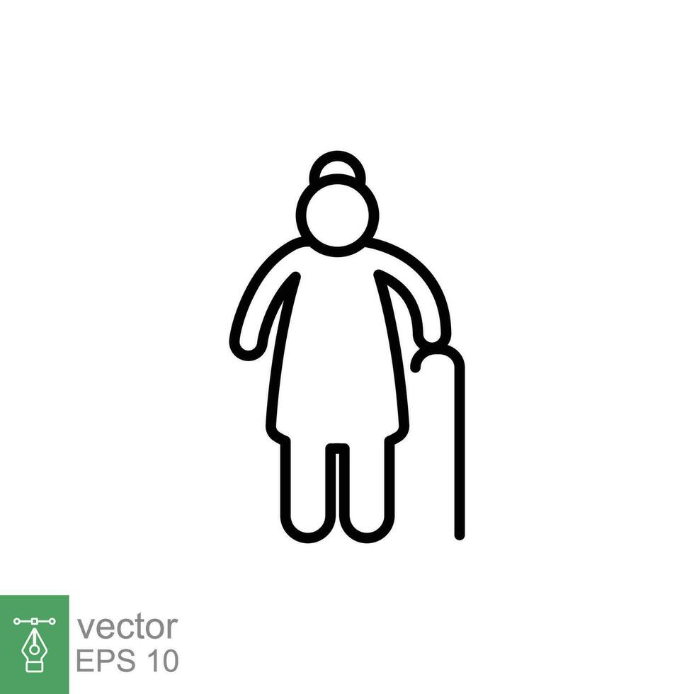 Old woman icon. Simple outline style. Person with cane, stick, elder age, lady, granny, senior people concept. Thin line symbol. Vector illustration isolated on white background. EPS 10.