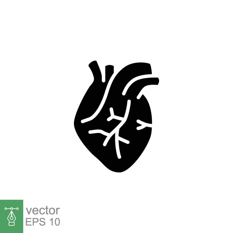 humano corazón icono. sencillo sólido estilo. interno Organo, real, cardiología, cardíaco anatomía, médico concepto. negro silueta, glifo símbolo. vector ilustración aislado en blanco antecedentes. eps 10