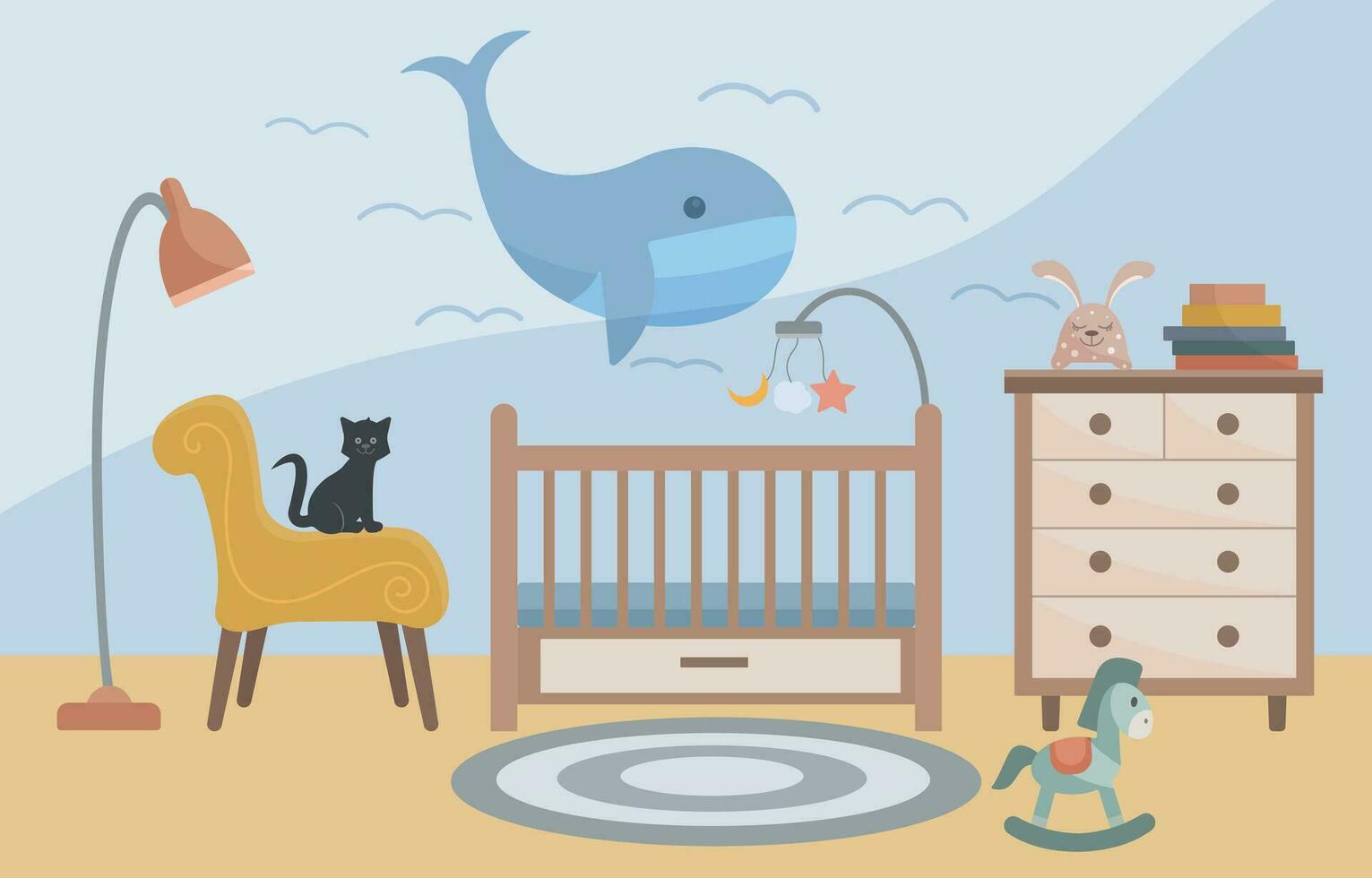 Children's room. Children's bedroom with crib, bedside table, toys, books, armchair, floor lamp. The cat is sitting on a chair. Interior concept. Vector illustration in a flat style.