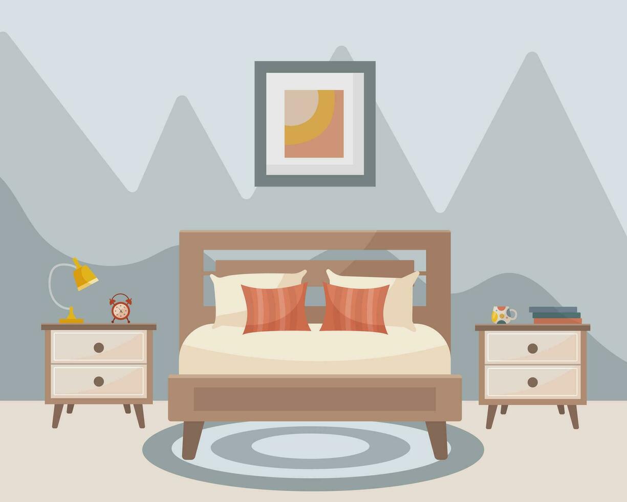 Bedroom interior bed, pillows, bedside tables, table lamp, mug, books. Interior concept. Vector flat illustration.