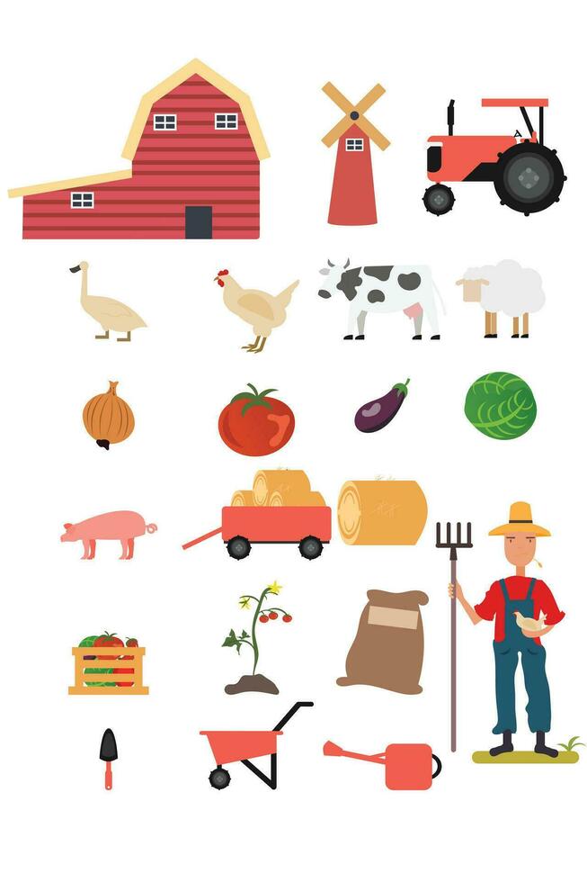 set of vector farm elements and animals