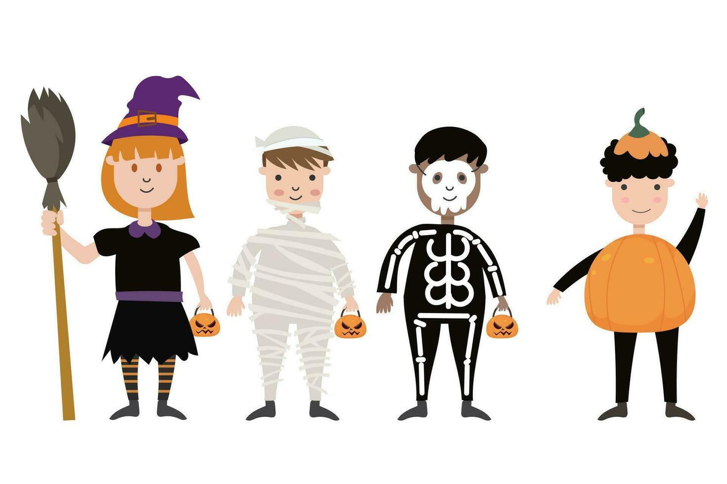 Set of children characters for Halloween. Costumes witches, monster, mummy, skeleton, pumpkin. Vector illustration