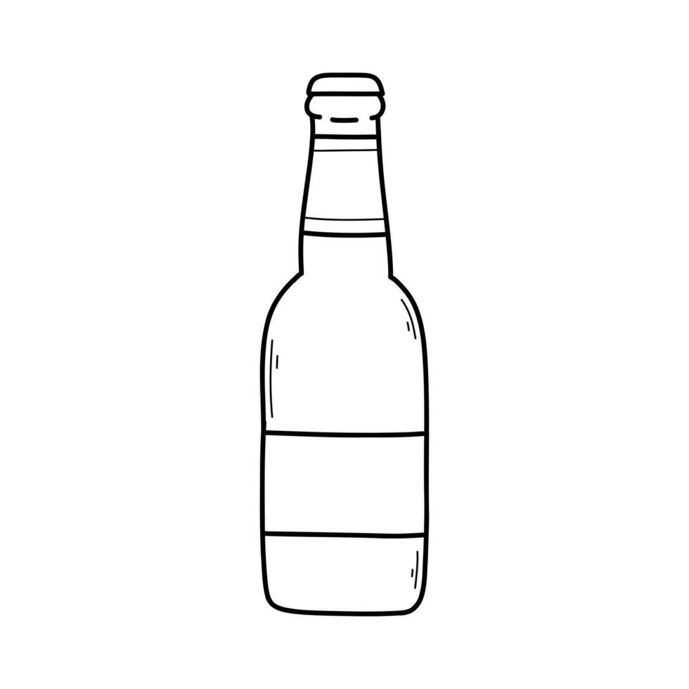 Bottle of beer in doodle style. Vector illustration. Linear glass bottle.