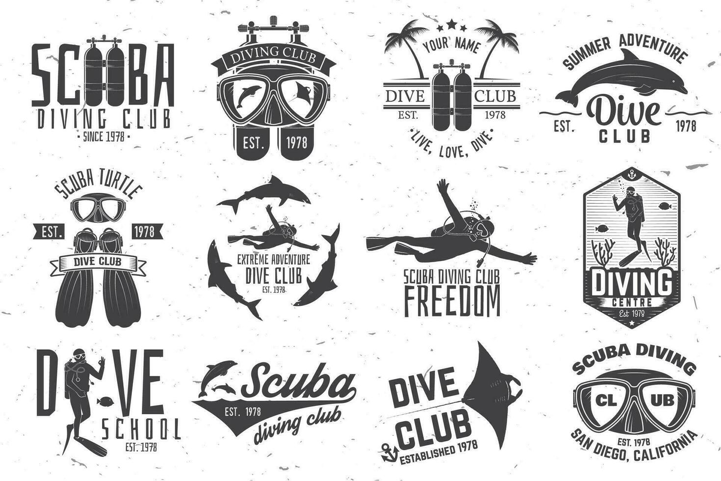 conjunto de escafandra autónoma buceo club y buceo colegio diseño. vector