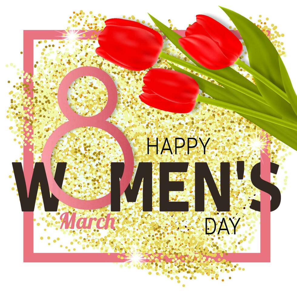 Happy Women s Day Greeting Card with tulips. vector