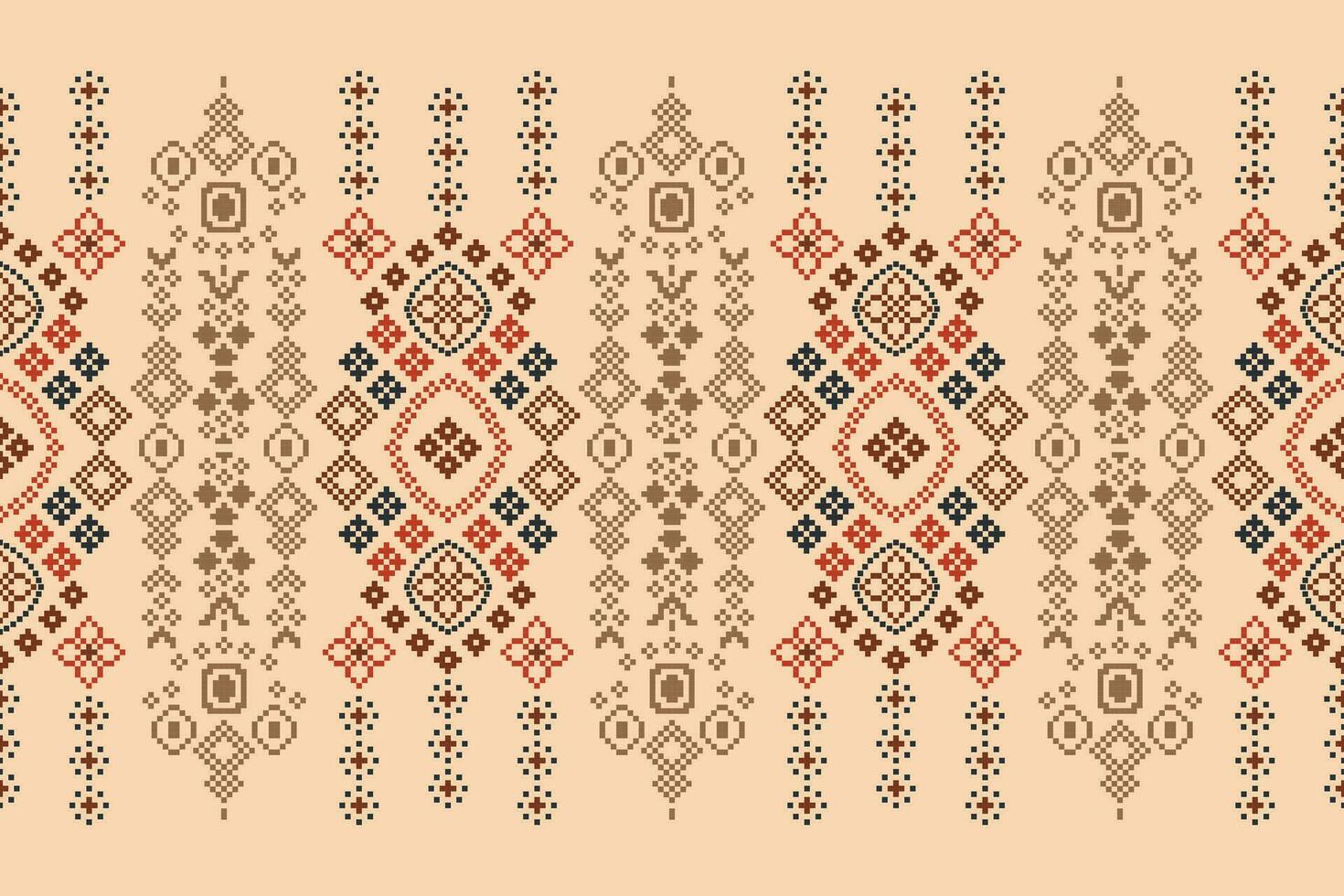 Ethnic geometric fabric pattern Cross Stitch.Ikat embroidery Ethnic oriental Pixel pattern brown cream background. Abstract,vector,illustration. Texture,clothing,frame,motifs,silk wallpaper. vector
