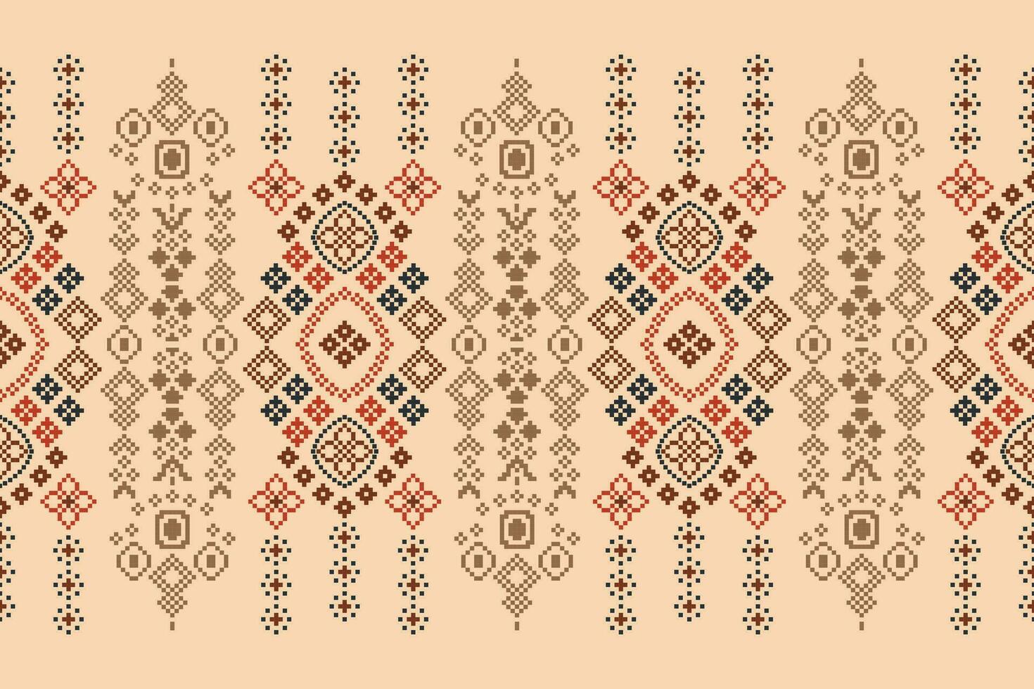 Ethnic geometric fabric pattern Cross Stitch.Ikat embroidery Ethnic oriental Pixel pattern brown cream background. Abstract,vector,illustration. Texture,clothing,frame,motifs,silk wallpaper. vector