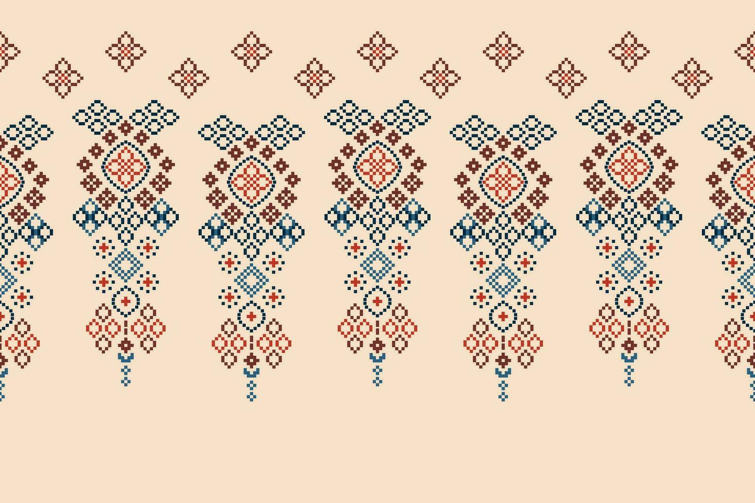 Ethnic geometric fabric pattern Cross Stitch.Ikat embroidery Ethnic oriental Pixel pattern brown cream background. Abstract,vector,illustration. Texture,clothing,frame,motifs,silk wallpaper. vector