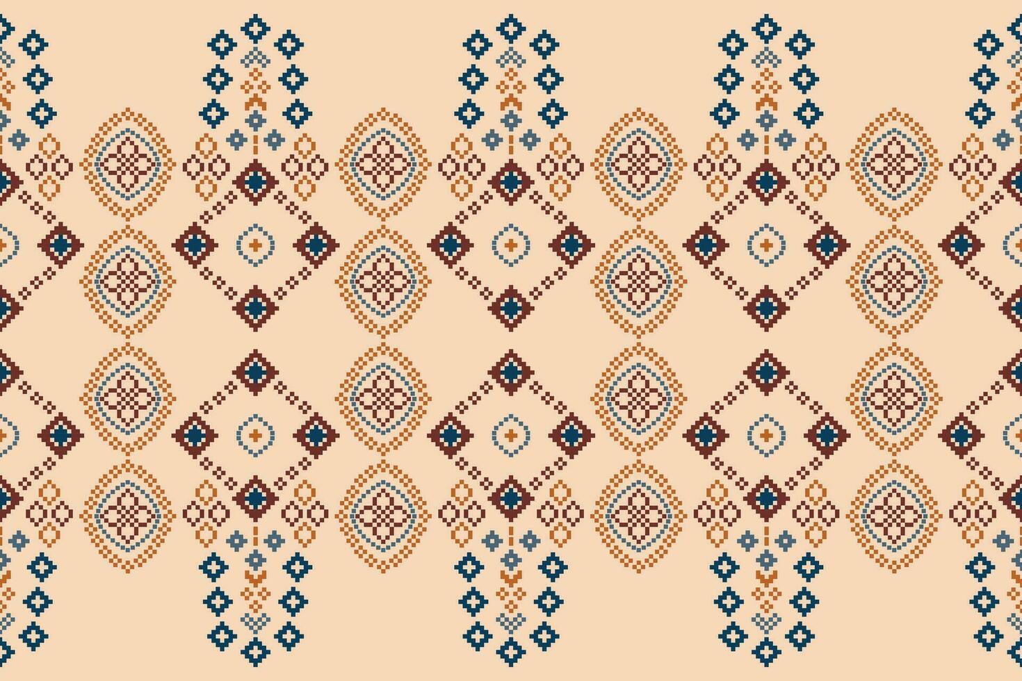 Ethnic geometric fabric pattern Cross Stitch.Ikat embroidery Ethnic oriental Pixel pattern brown cream background. Abstract,vector,illustration. Texture,clothing,frame,motifs,silk wallpaper. vector