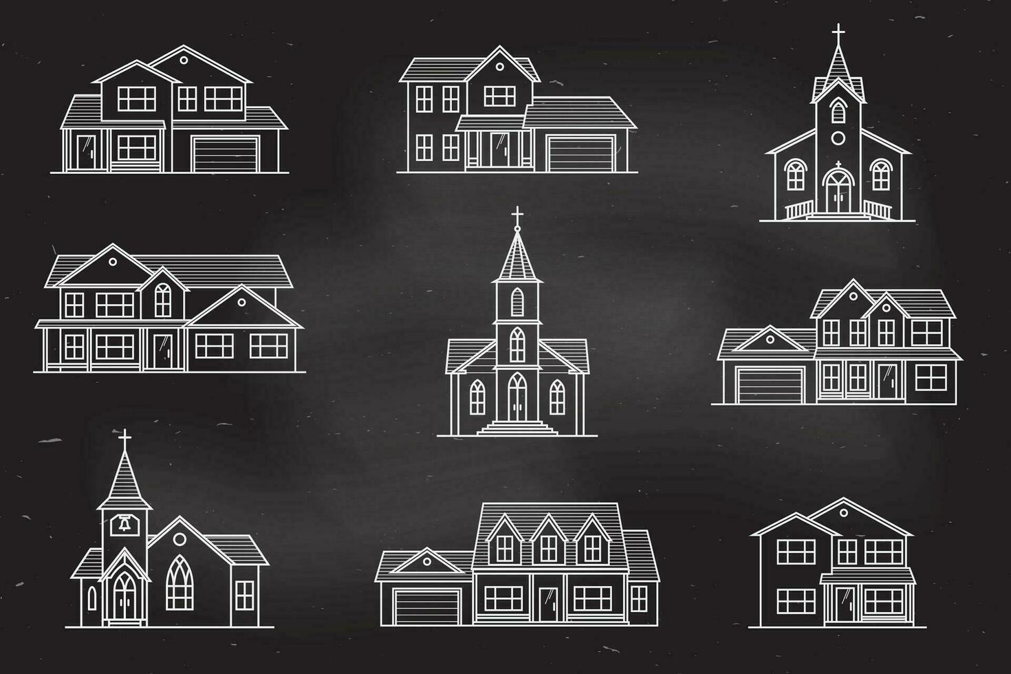 conjunto de casas americanas suburbanas de icono de línea delgada vectorial. vector