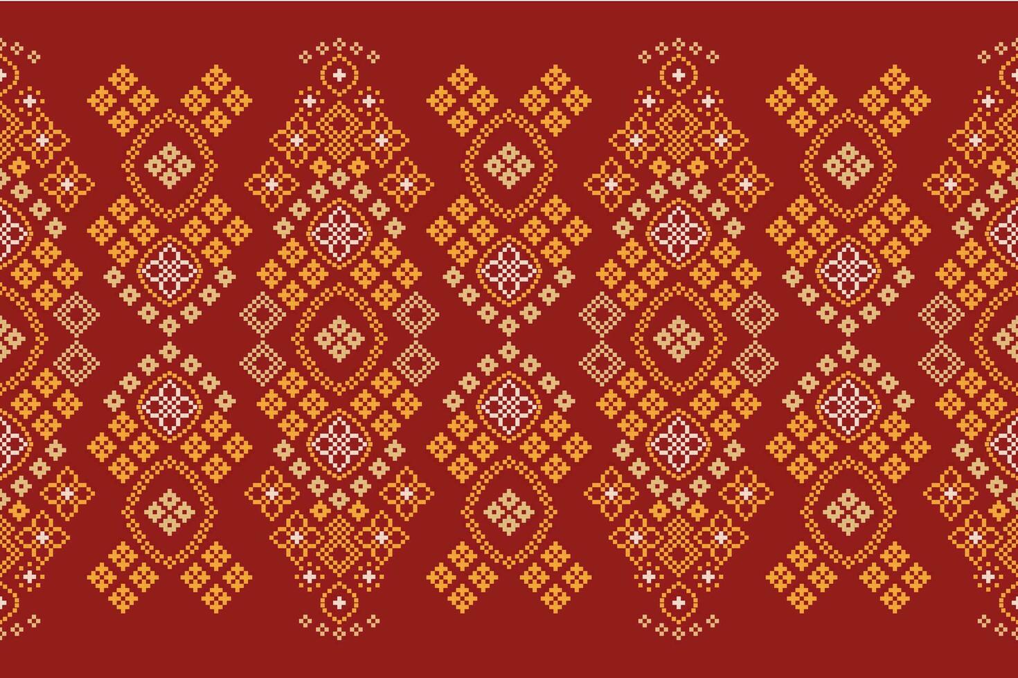 Ethnic geometric fabric pattern Cross Stitch.Ikat embroidery Ethnic oriental Pixel pattern red background. Abstract,vector,illustration. Texture,clothing,frame,decoration,motifs,silk wallpaper. vector