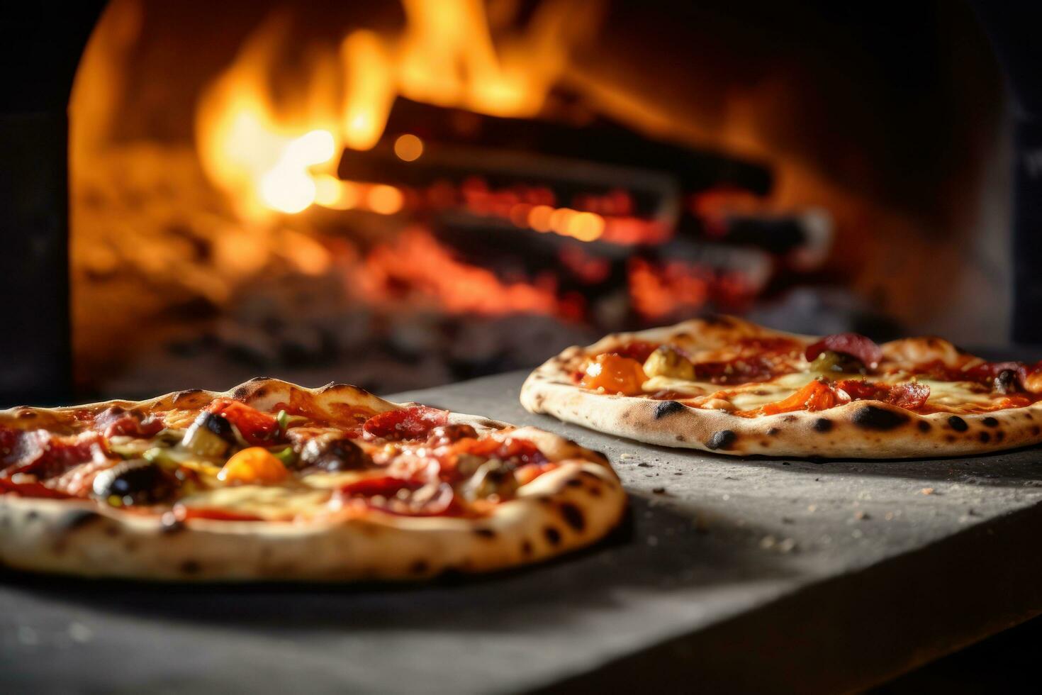 two pizzas are sitting in front of a wood fired oven AI Generated photo